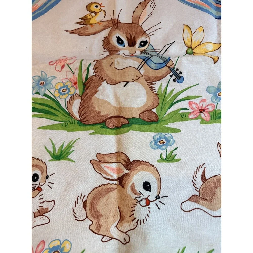 Vintage Style Bunny Rabbit Quilt Top Panel Playing Violin Linen Cotton Blanket